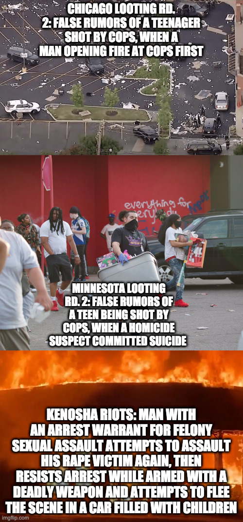 CHICAGO LOOTING RD. 2: FALSE RUMORS OF A TEENAGER SHOT BY COPS, WHEN A MAN OPENING FIRE AT COPS FIRST KENOSHA RIOTS: MAN WITH AN ARREST WARR | made w/ Imgflip meme maker