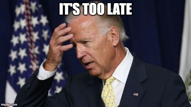 Joe Biden worries | IT'S TOO LATE | image tagged in joe biden worries | made w/ Imgflip meme maker