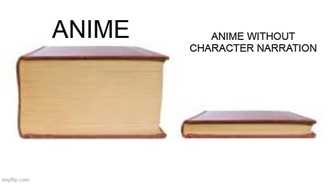 anime do be like this | ANIME WITHOUT CHARACTER NARRATION; ANIME | image tagged in big book small book | made w/ Imgflip meme maker