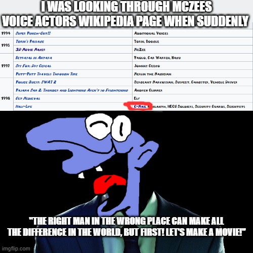 sorry, i couldn't resist! | I WAS LOOKING THROUGH MCZEES VOICE ACTORS WIKIPEDIA PAGE WHEN SUDDENLY; "THE RIGHT MAN IN THE WRONG PLACE CAN MAKE ALL THE DIFFERENCE IN THE WORLD, BUT FIRST! LET'S MAKE A MOVIE!" | image tagged in mczee,half life,wikipedia,games,memes | made w/ Imgflip meme maker