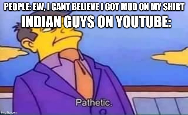 skinner pathetic | INDIAN GUYS ON YOUTUBE:; PEOPLE: EW, I CANT BELIEVE I GOT MUD ON MY SHIRT | image tagged in skinner pathetic | made w/ Imgflip meme maker