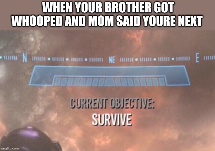 Current Objective: Survive | WHEN YOUR BROTHER GOT WHOOPED AND MOM SAID YOURE NEXT | image tagged in current objective survive | made w/ Imgflip meme maker