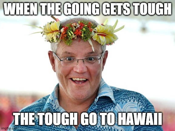 When the going gets tough, the tough go to Hawaii. | WHEN THE GOING GETS TOUGH; THE TOUGH GO TO HAWAII | image tagged in people's prime minister scott morrison | made w/ Imgflip meme maker