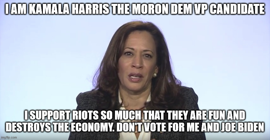 Kamala Harris for riots | I AM KAMALA HARRIS THE MORON DEM VP CANDIDATE; I SUPPORT RIOTS SO MUCH THAT THEY ARE FUN AND DESTROYS THE ECONOMY. DON'T VOTE FOR ME AND JOE BIDEN | image tagged in kamala harris,riots,election 2020 | made w/ Imgflip meme maker