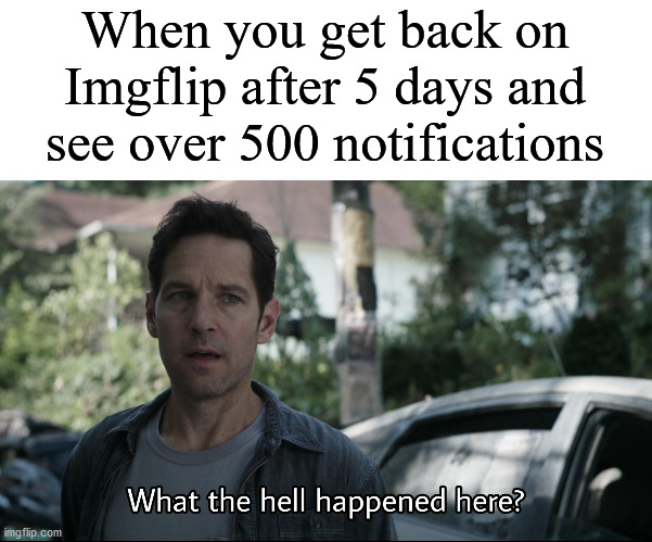 What the hell happened here | When you get back on Imgflip after 5 days and see over 500 notifications | image tagged in what the hell happened here | made w/ Imgflip meme maker