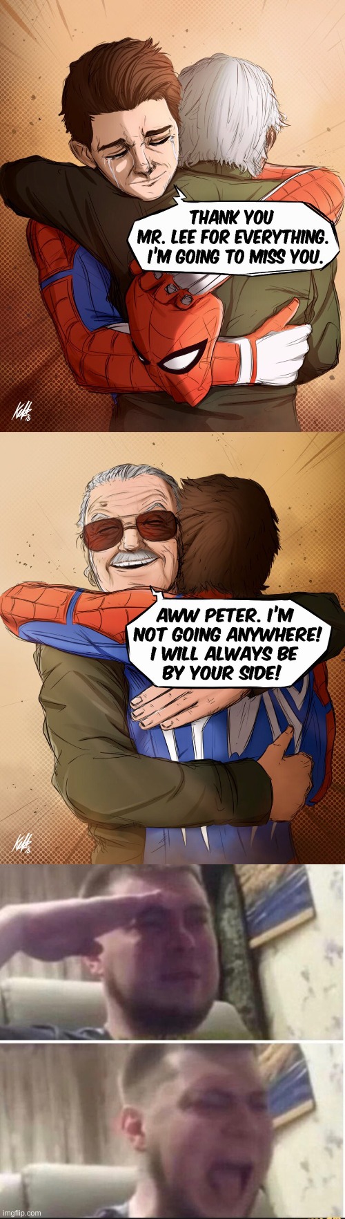 RIP Stan Lee | image tagged in crying salute,stan lee,spiderman | made w/ Imgflip meme maker