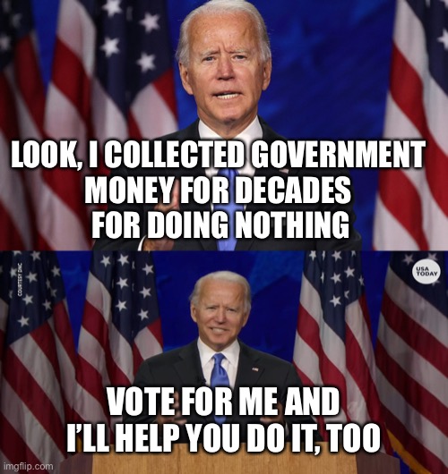 Biden’s Platform | LOOK, I COLLECTED GOVERNMENT 
MONEY FOR DECADES 
FOR DOING NOTHING; VOTE FOR ME AND I’LL HELP YOU DO IT, TOO | image tagged in joe biden,2020,election | made w/ Imgflip meme maker