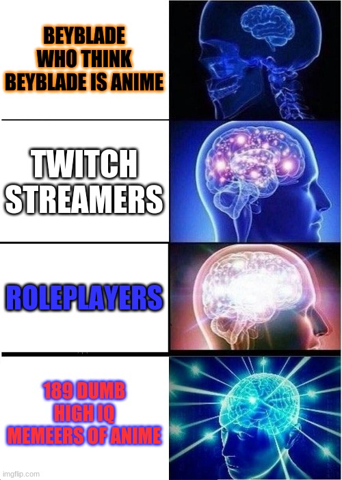 a meme made for fun if you get offended your just a sad person | BEYBLADE WHO THINK BEYBLADE IS ANIME; TWITCH STREAMERS; ROLEPLAYERS; 189 DUMB HIGH IQ MEMEERS OF ANIME | image tagged in memes,expanding brain | made w/ Imgflip meme maker