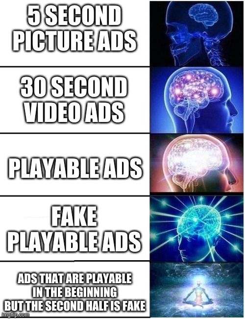 The Level of Ads | 5 SECOND PICTURE ADS; 30 SECOND VIDEO ADS; PLAYABLE ADS; FAKE PLAYABLE ADS; ADS THAT ARE PLAYABLE IN THE BEGINNING BUT THE SECOND HALF IS FAKE | image tagged in expanding brain 5 panel,ads,expanding brain,expanding brain meme,expanding brain extended 2,video games | made w/ Imgflip meme maker