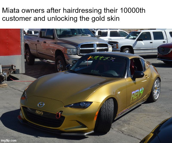 Miata owners after hairdressing their 10000th
customer and unlocking the gold skin | image tagged in Miata | made w/ Imgflip meme maker