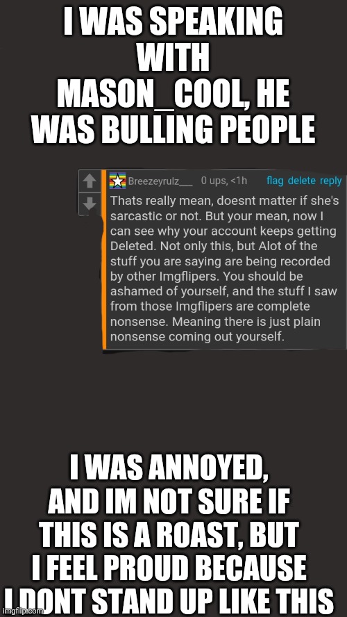 Im proud | I WAS SPEAKING WITH MASON_COOL, HE WAS BULLING PEOPLE; I WAS ANNOYED, AND IM NOT SURE IF THIS IS A ROAST, BUT I FEEL PROUD BECAUSE I DONT STAND UP LIKE THIS | image tagged in insult | made w/ Imgflip meme maker