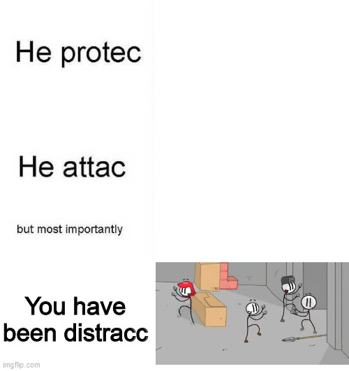 He protec he attac but most importantly | You have been distracc | image tagged in he protec he attac but most importantly | made w/ Imgflip meme maker
