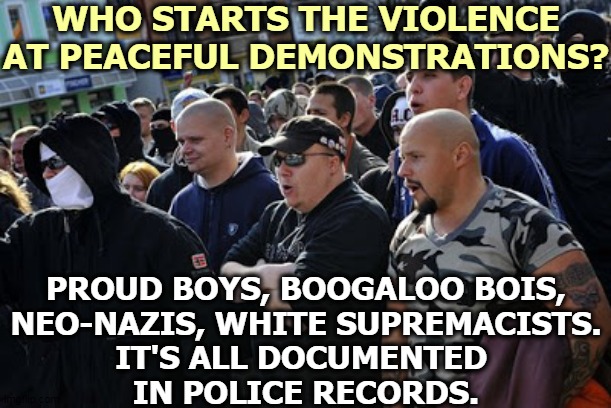 These guys are looking for trouble. And then someone else gets blamed. | WHO STARTS THE VIOLENCE AT PEACEFUL DEMONSTRATIONS? PROUD BOYS, BOOGALOO BOIS,
NEO-NAZIS, WHITE SUPREMACISTS.
IT'S ALL DOCUMENTED 
IN POLICE RECORDS. | image tagged in white supremacists neo-nazis skinheads starting trouble,right wing,neo-nazis,white supremacists,violence | made w/ Imgflip meme maker
