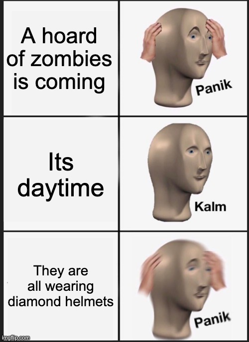 :P | A hoard of zombies is coming; Its daytime; They are all wearing diamond helmets | image tagged in memes,panik kalm panik | made w/ Imgflip meme maker