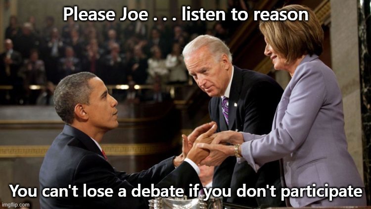 Will Demented Joe Accept a debate? | Please Joe . . . listen to reason; You can't lose a debate if you don't participate | image tagged in joe biden,nancy pelosi,debate | made w/ Imgflip meme maker
