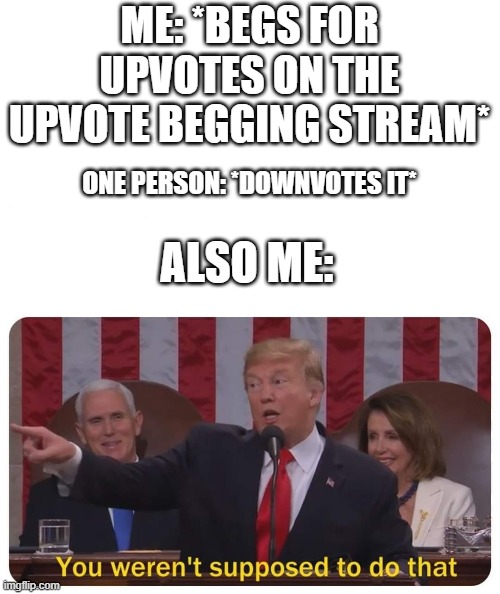 You weren't supposed to do that | ME: *BEGS FOR UPVOTES ON THE UPVOTE BEGGING STREAM*; ONE PERSON: *DOWNVOTES IT*; ALSO ME: | image tagged in you weren't supposed to do that | made w/ Imgflip meme maker