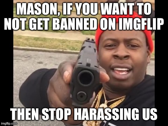 Come back I dare yeah | MASON, IF YOU WANT TO NOT GET BANNED ON IMGFLIP; THEN STOP HARASSING US | image tagged in gun pointing meme | made w/ Imgflip meme maker
