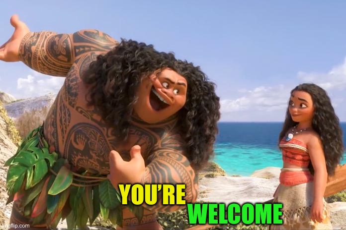 Moana Maui You're Welcome | YOU’RE WELCOME | image tagged in moana maui you're welcome | made w/ Imgflip meme maker