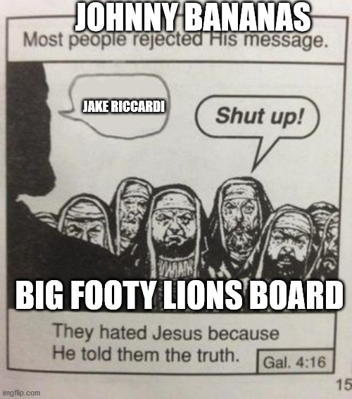 They hated Jesus meme | JOHNNY BANANAS; JAKE RICCARDI; BIG FOOTY LIONS BOARD | image tagged in they hated jesus meme | made w/ Imgflip meme maker
