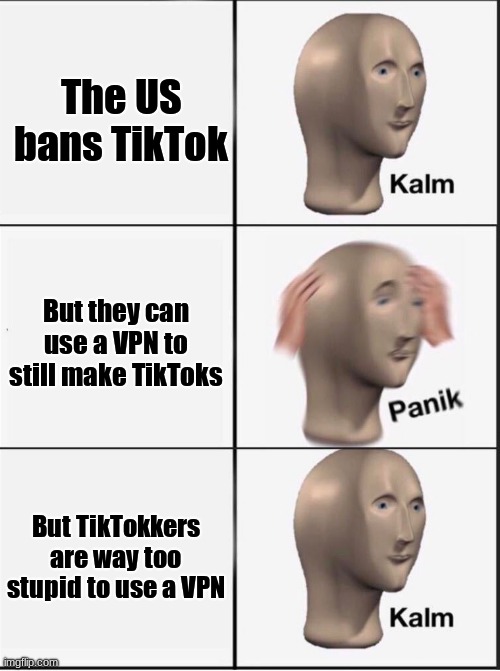 Reverse kalm panik | The US bans TikTok; But they can use a VPN to still make TikToks; But TikTokkers are way too stupid to use a VPN | image tagged in reverse kalm panik | made w/ Imgflip meme maker