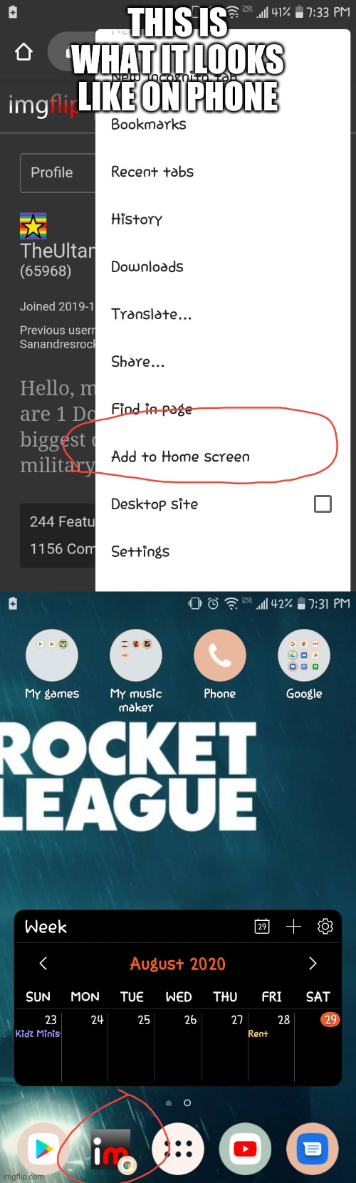 Just click the three dots on google while on imgflip then look down where it says add to home screen" then click it | THIS IS WHAT IT LOOKS LIKE ON PHONE | image tagged in imgflip,cool,awesome | made w/ Imgflip meme maker