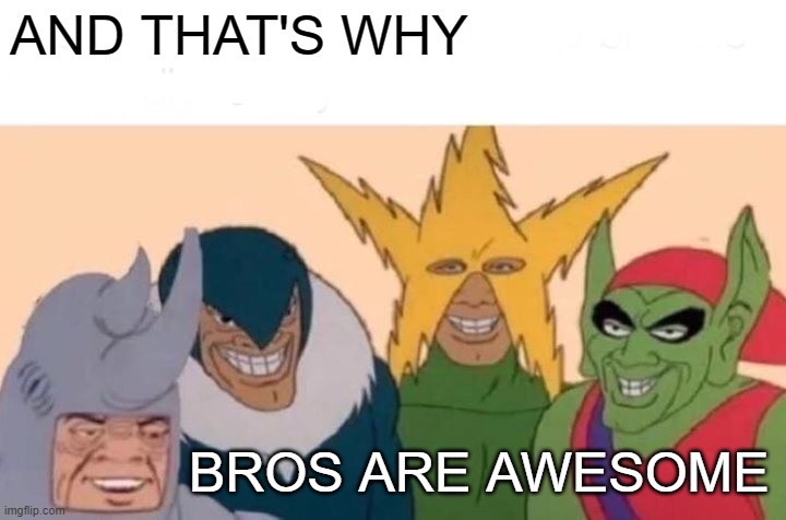 Me And The Boys Meme | AND THAT'S WHY BROS ARE AWESOME | image tagged in memes,me and the boys | made w/ Imgflip meme maker
