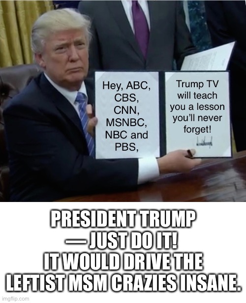 President Trump — just think about the ad revenue! (https://www.nbcnews.com/news/amp/ncna668901) | PRESIDENT TRUMP — JUST DO IT! 
IT WOULD DRIVE THE LEFTIST MSM CRAZIES INSANE. | image tagged in president trump,donald trump,trump,trump bill signing,election 2020,presidential election | made w/ Imgflip meme maker