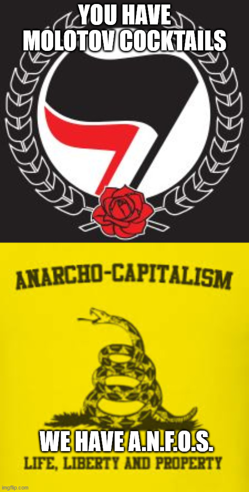 YOU HAVE MOLOTOV COCKTAILS; WE HAVE A.N.F.O.S. | image tagged in antifa flag | made w/ Imgflip meme maker