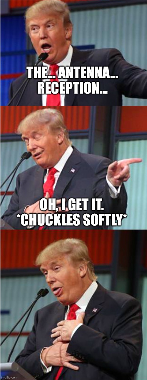 Bad Pun Trump | THE... ANTENNA... RECEPTION... OH, I GET IT. *CHUCKLES SOFTLY* | image tagged in bad pun trump | made w/ Imgflip meme maker