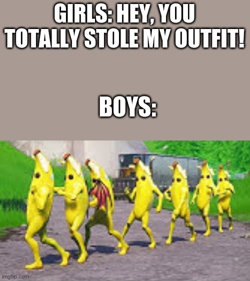 Ignore The Demon Wings :D (Please no 'Fortnite sucks' comments) | GIRLS: HEY, YOU TOTALLY STOLE MY OUTFIT! BOYS: | image tagged in memes,shut up and take my money fry | made w/ Imgflip meme maker