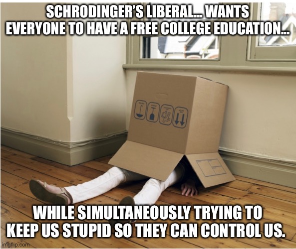 Schrodiner’s liberal | SCHRODINGER’S LIBERAL... WANTS EVERYONE TO HAVE A FREE COLLEGE EDUCATION... WHILE SIMULTANEOUSLY TRYING TO KEEP US STUPID SO THEY CAN CONTROL US. | image tagged in liberal vs conservative | made w/ Imgflip meme maker