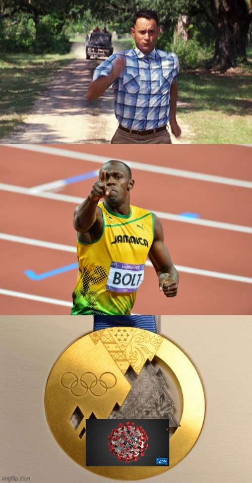Life is like a celebrity running, you never know which one you're gonna get | image tagged in usain bolt,gold medal,run forrest run,coronavirus,tom hanks,dark humor | made w/ Imgflip meme maker