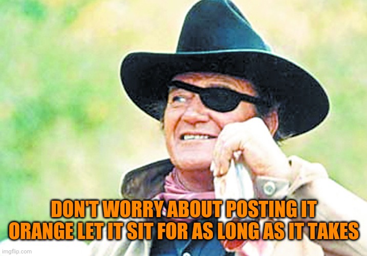 John Wayne | DON'T WORRY ABOUT POSTING IT ORANGE LET IT SIT FOR AS LONG AS IT TAKES | image tagged in john wayne | made w/ Imgflip meme maker