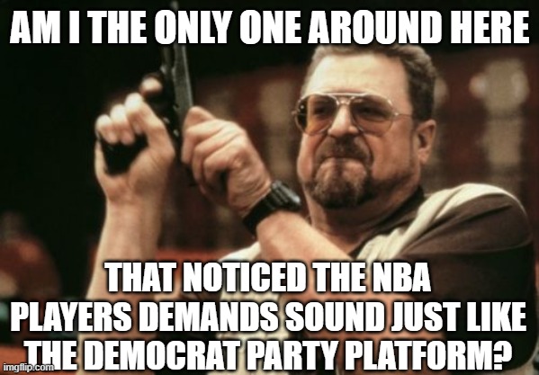 Am I The Only One Around Here Meme | AM I THE ONLY ONE AROUND HERE; THAT NOTICED THE NBA PLAYERS DEMANDS SOUND JUST LIKE THE DEMOCRAT PARTY PLATFORM? | image tagged in memes,am i the only one around here | made w/ Imgflip meme maker