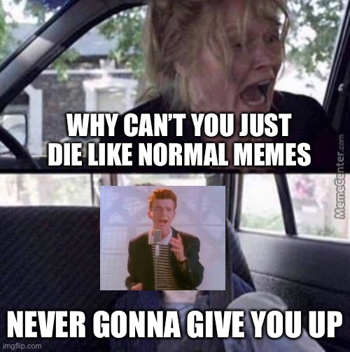 Never gonna give you up | WHY CAN’T YOU JUST DIE LIKE NORMAL MEMES; NEVER GONNA GIVE YOU UP | image tagged in why can t you just be normal | made w/ Imgflip meme maker