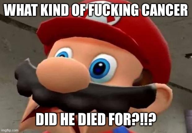 Mario WTF | WHAT KIND OF FUCKING CANCER DID HE DIED FOR?!!? | image tagged in mario wtf | made w/ Imgflip meme maker