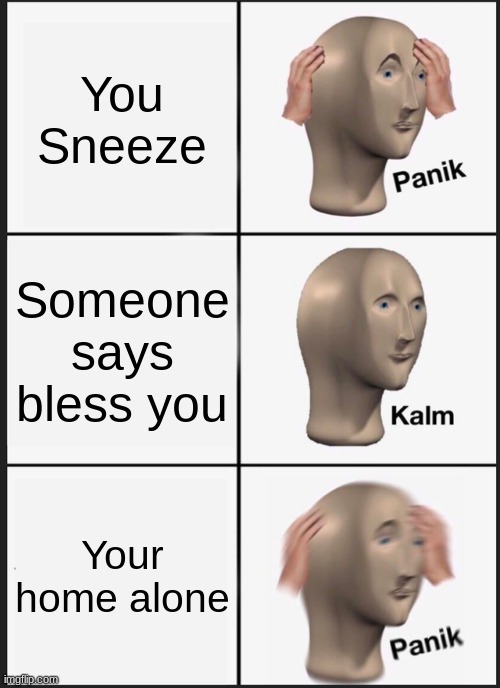 Panik Kalm Panik Meme | You Sneeze; Someone says bless you; Your home alone | image tagged in memes,panik kalm panik | made w/ Imgflip meme maker