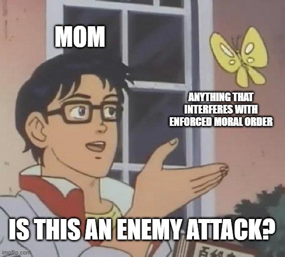 Is this going to crumble the US of A? | MOM; ANYTHING THAT INTERFERES WITH ENFORCED MORAL ORDER; IS THIS AN ENEMY ATTACK? | image tagged in memes,is this a pigeon,mom,morality | made w/ Imgflip meme maker