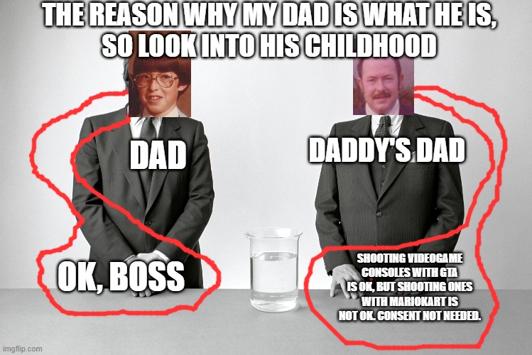 Ok, boss. Destroy gta. | THE REASON WHY MY DAD IS WHAT HE IS,
SO LOOK INTO HIS CHILDHOOD; DADDY'S DAD; DAD; OK, BOSS; SHOOTING VIDEOGAME CONSOLES WITH GTA IS OK, BUT SHOOTING ONES WITH MARIOKART IS NOT OK. CONSENT NOT NEEDED. | image tagged in donald and fred trump father and son criminals,dad,grandpa,boss,gta v,paternity | made w/ Imgflip meme maker
