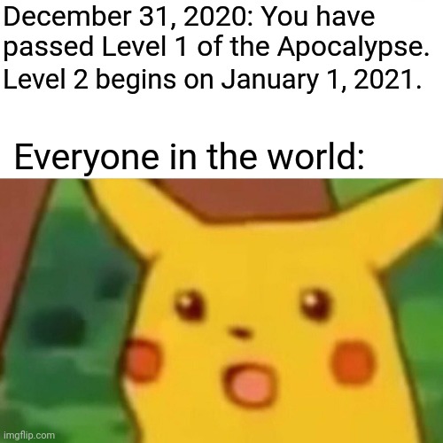 Level 1 Passed | December 31, 2020: You have passed Level 1 of the Apocalypse. Level 2 begins on January 1, 2021. Everyone in the world: | image tagged in memes,surprised pikachu,2020,2021,apocalypse,level | made w/ Imgflip meme maker