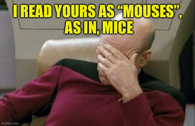 Captain Picard Facepalm Meme | I READ YOURS AS “MOUSES”,
 AS IN, MICE | image tagged in memes,captain picard facepalm | made w/ Imgflip meme maker