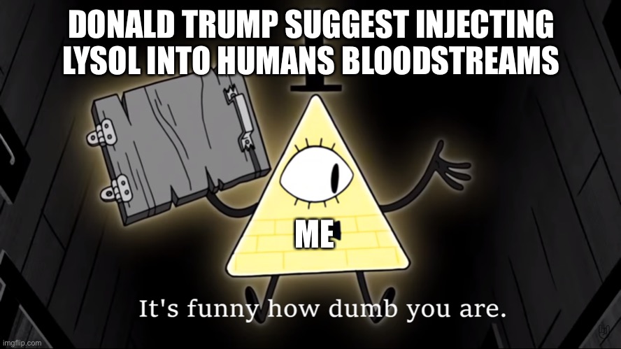 It's Funny How Dumb You Are Bill Cipher | DONALD TRUMP SUGGEST INJECTING LYSOL INTO HUMANS BLOODSTREAMS; ME | image tagged in it's funny how dumb you are bill cipher | made w/ Imgflip meme maker