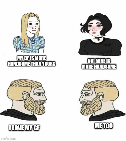 Boys vs Girls | NO! MINE IS MORE HANDSOME; MY BF IS MORE HANDSOME THAN YOURS; ME TOO; I LOVE MY GF | image tagged in boys vs girls | made w/ Imgflip meme maker