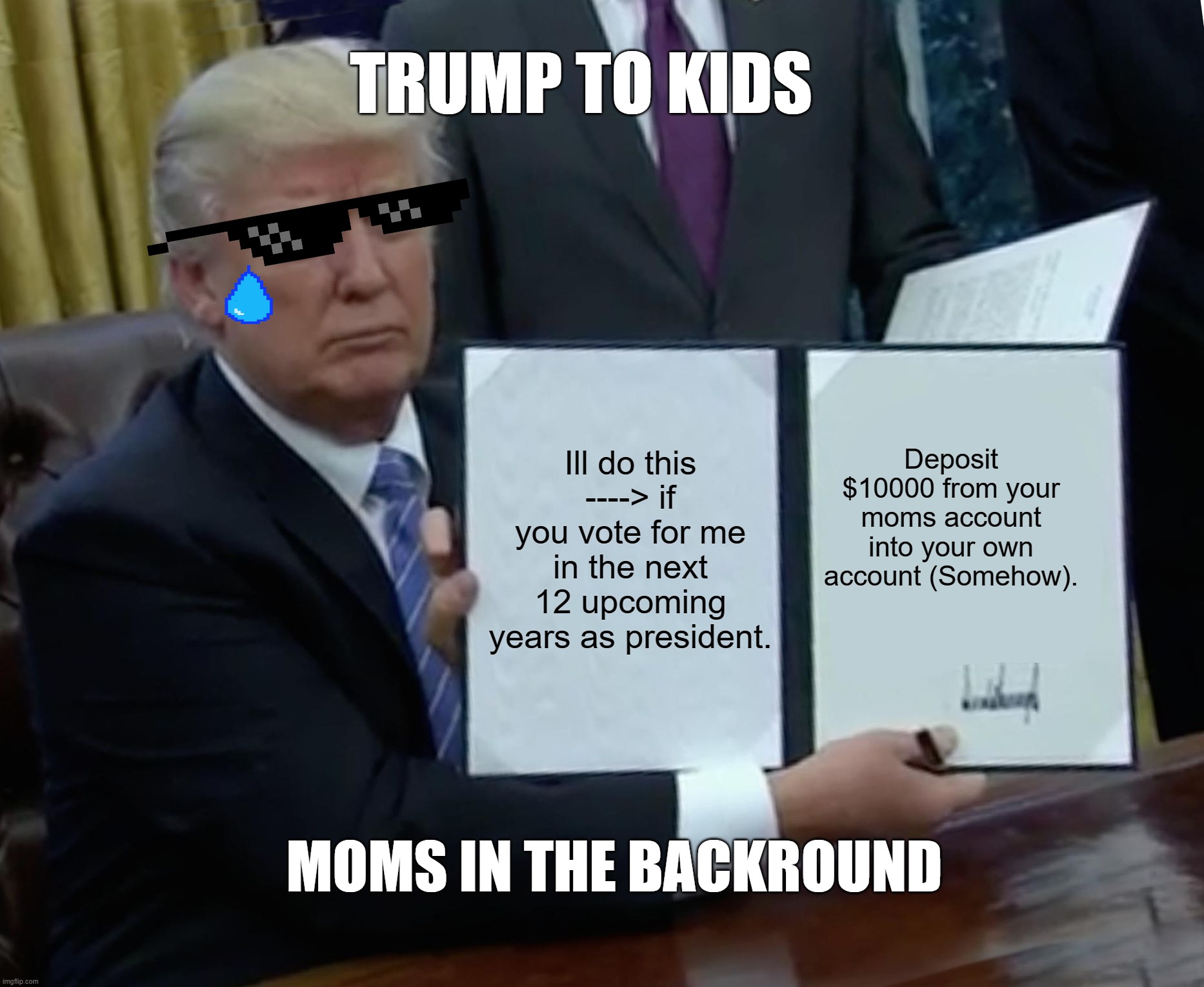 Trump Bill Signing | TRUMP TO KIDS; Ill do this ----> if you vote for me in the next 12 upcoming years as president. Deposit $10000 from your moms account into your own account (Somehow). MOMS IN THE BACKROUND | image tagged in memes,trump bill signing | made w/ Imgflip meme maker