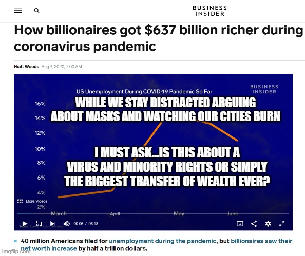Billionaires | WHILE WE STAY DISTRACTED ARGUING ABOUT MASKS AND WATCHING OUR CITIES BURN; I MUST ASK...IS THIS ABOUT A VIRUS AND MINORITY RIGHTS OR SIMPLY THE BIGGEST TRANSFER OF WEALTH EVER? | image tagged in billionaires | made w/ Imgflip meme maker