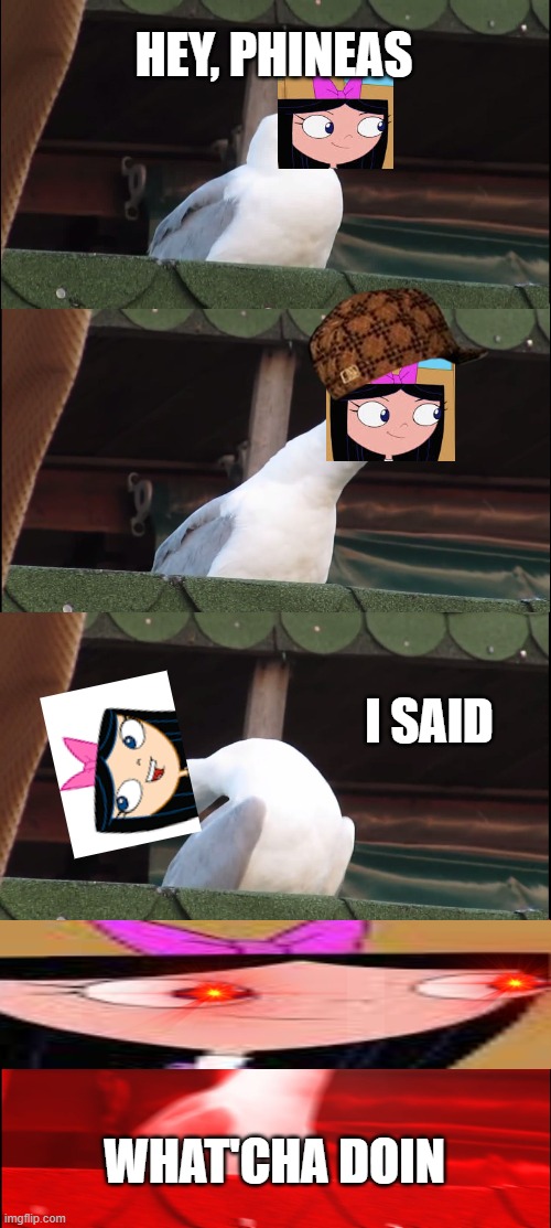 isabella's one and only line | HEY, PHINEAS; I SAID; WHAT'CHA DOIN | image tagged in memes,inhaling seagull | made w/ Imgflip meme maker