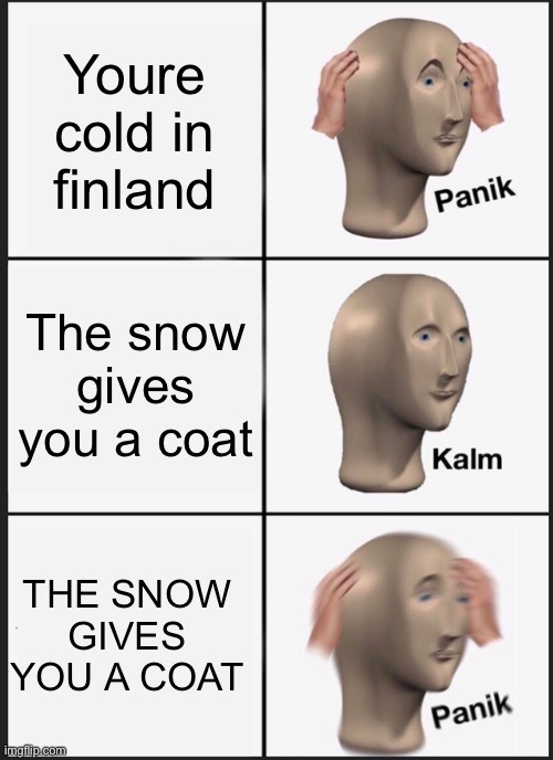 Panik Kalm Panik | Youre cold in finland; The snow gives you a coat; THE SNOW GIVES YOU A COAT | image tagged in memes,panik kalm panik | made w/ Imgflip meme maker