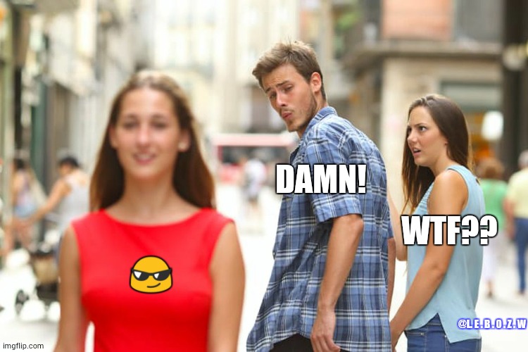 Distracted Boyfriend | DAMN! WTF?? 😎; @L. E . B . O . Z . W | image tagged in memes,distracted boyfriend | made w/ Imgflip meme maker