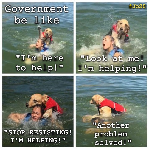 We don't need that kind of help... | Government be like; #Jo20; "I'm here to help!"; "Look at me! I'm helping!"; "Another problem  solved!"; "STOP RESISTING! I'M HELPING!" | image tagged in dog drowning human,government,helping,bad dog,inept | made w/ Imgflip meme maker