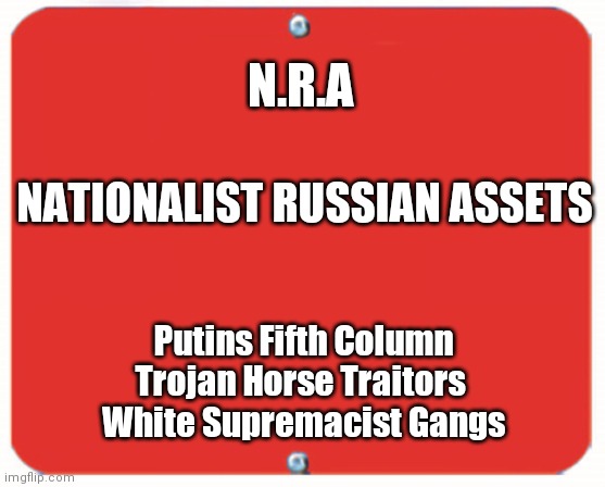 blank red plate | N.R.A; NATIONALIST RUSSIAN ASSETS; Putins Fifth Column
Trojan Horse Traitors 
White Supremacist Gangs | image tagged in blank red plate | made w/ Imgflip meme maker